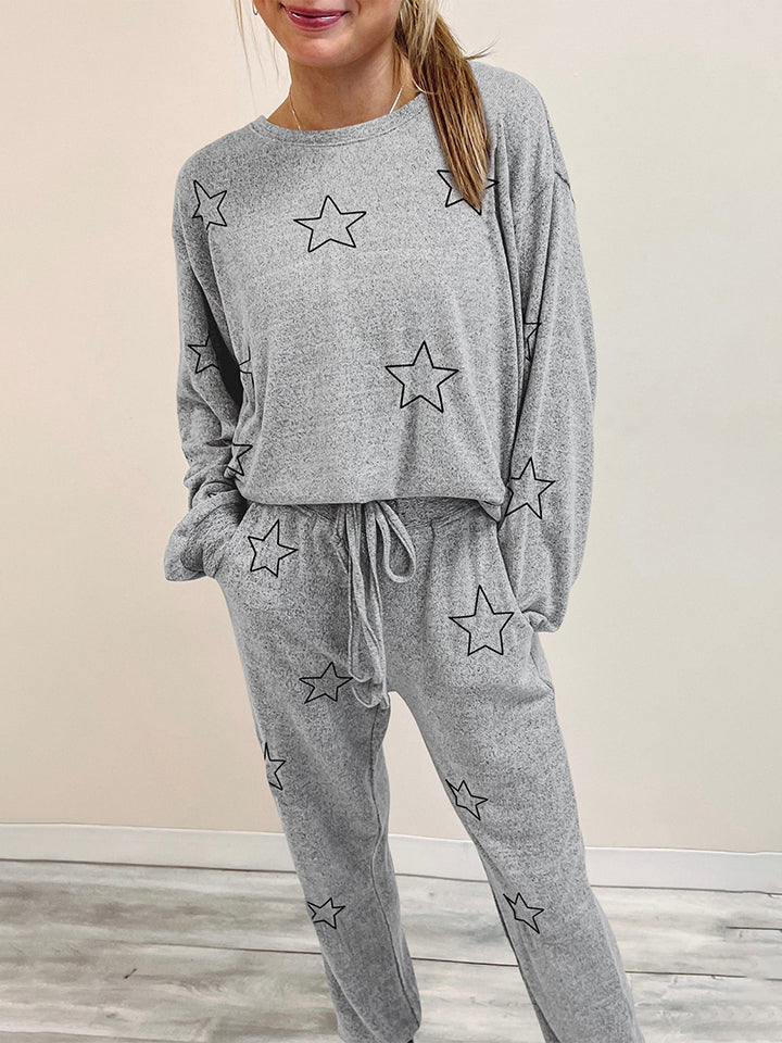 Star Print Long Sleeve Top and Pants Lounge Set - Permissive -