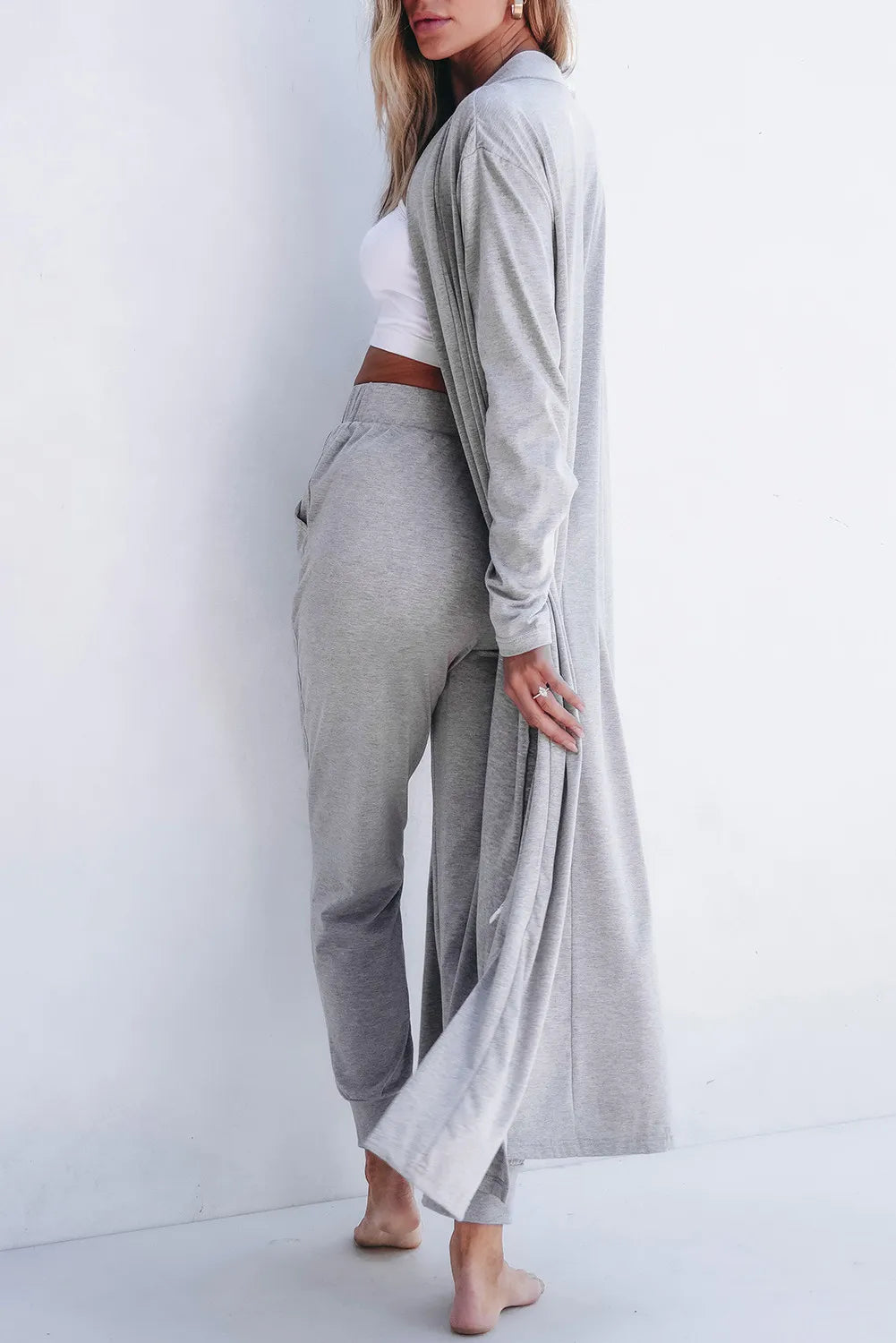 Open Front Long Sleeve Cardigan and Pants Lounge Set - Permissive -