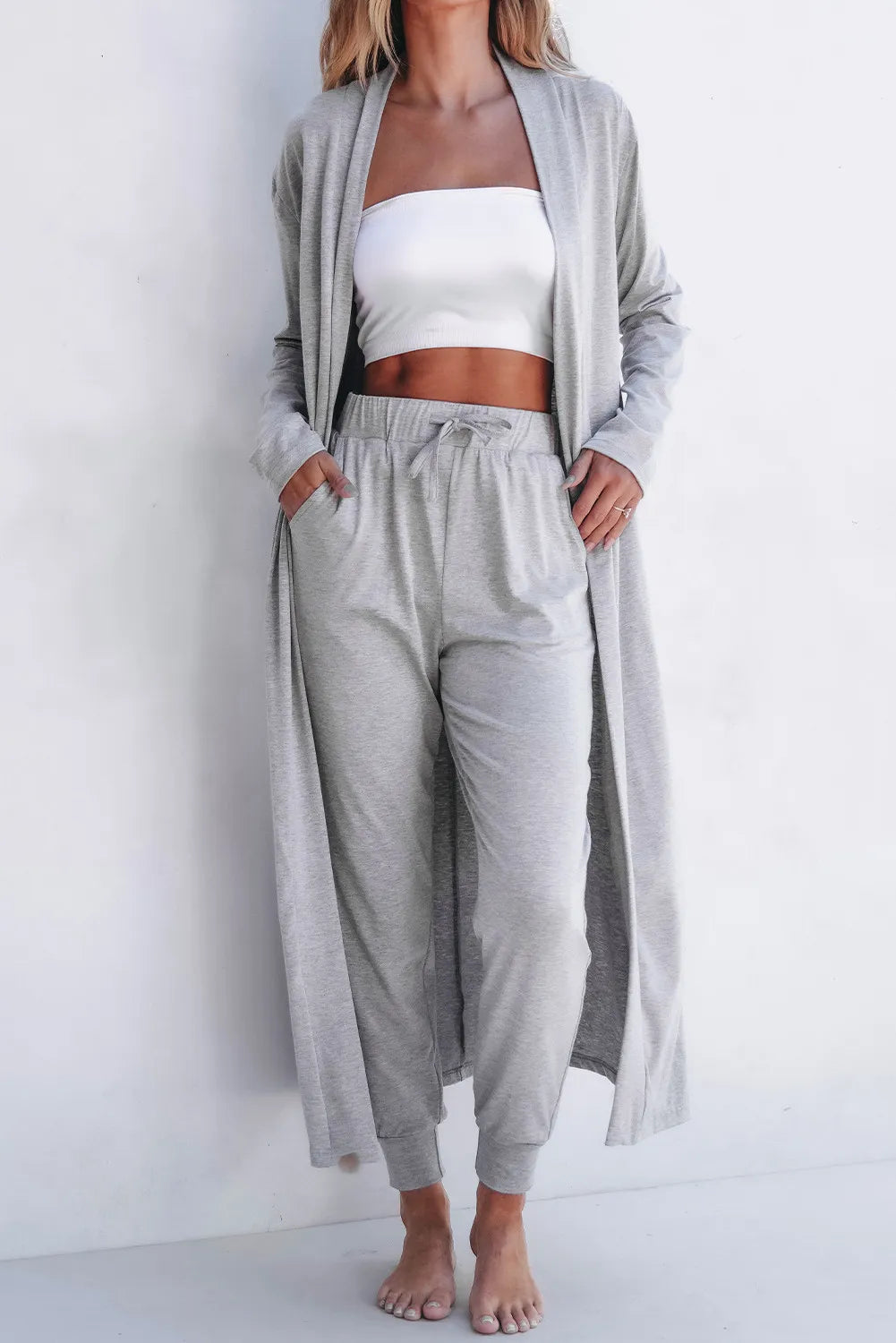 Open Front Long Sleeve Cardigan and Pants Lounge Set - Permissive -