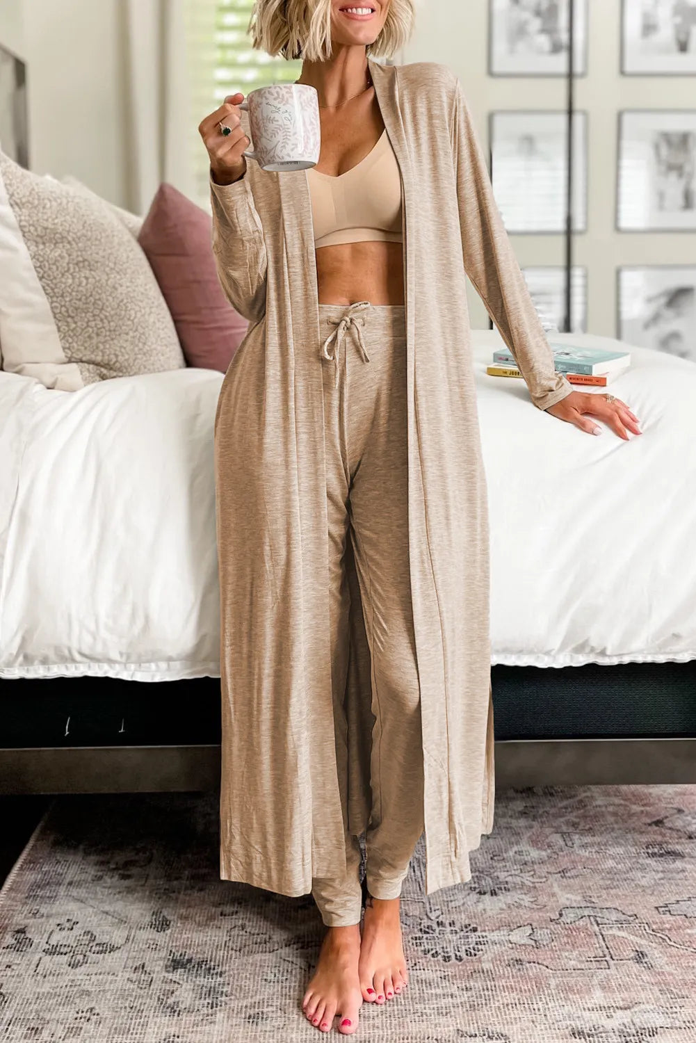 Open Front Long Sleeve Cardigan and Pants Lounge Set - Permissive -
