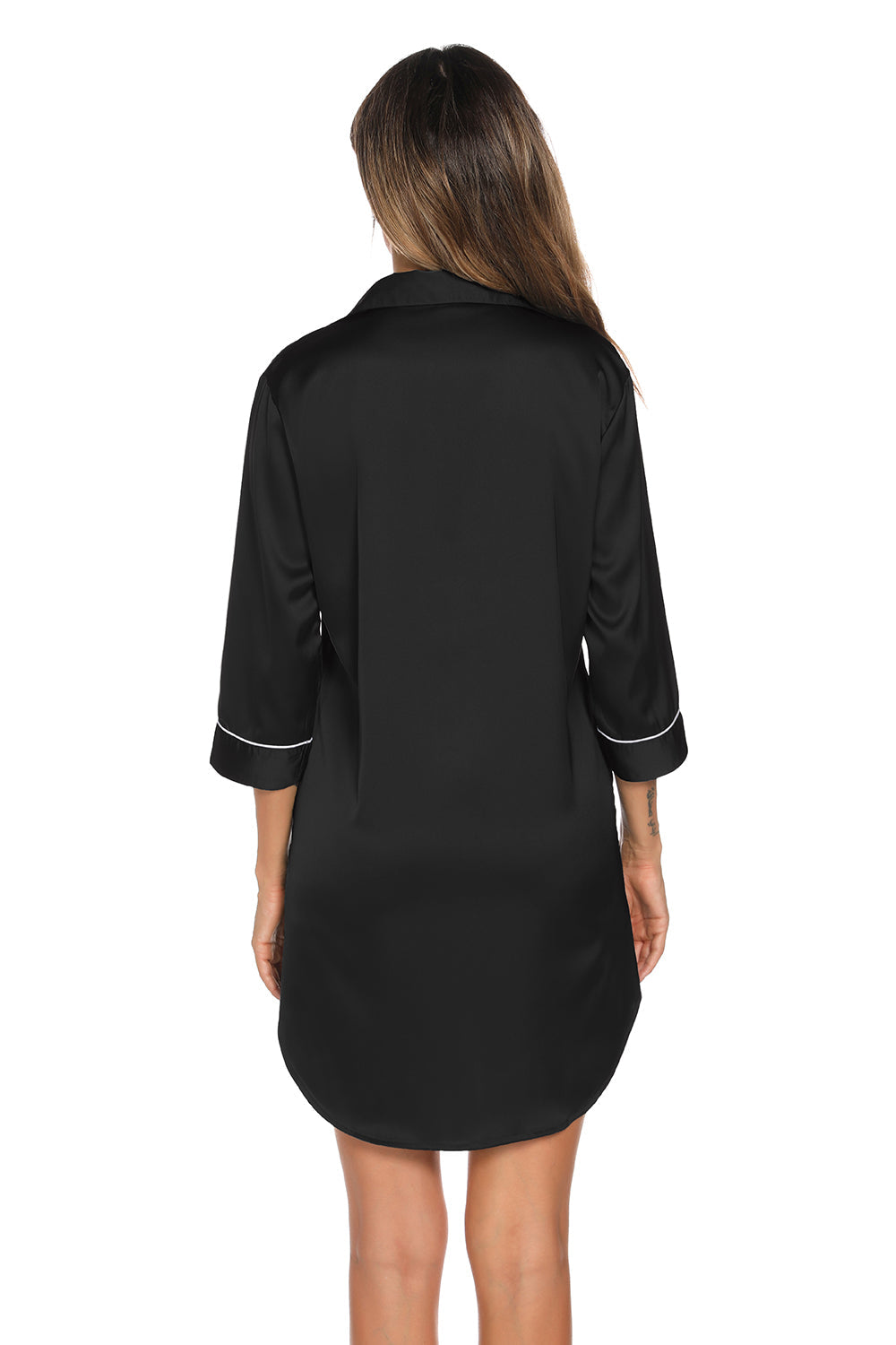 Button Up Collared Neck Night Dress with Pocket - Permissive -