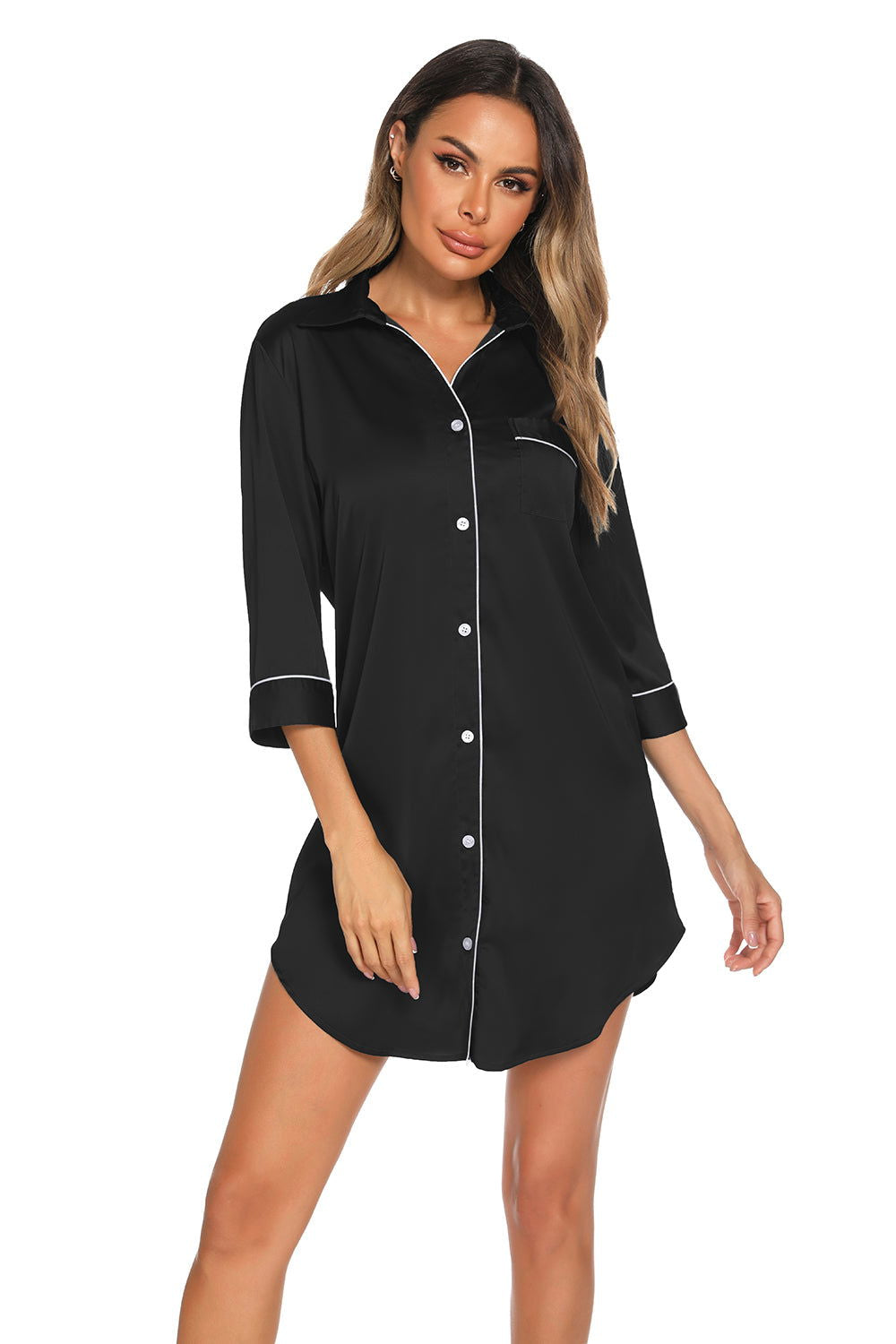 Button Up Collared Neck Night Dress with Pocket - Permissive -