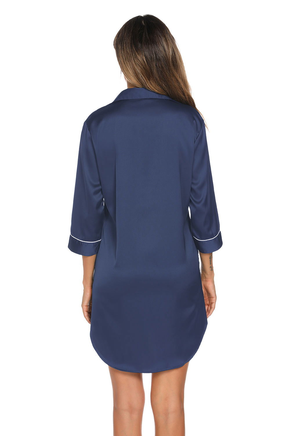 Button Up Collared Neck Night Dress with Pocket - Permissive -