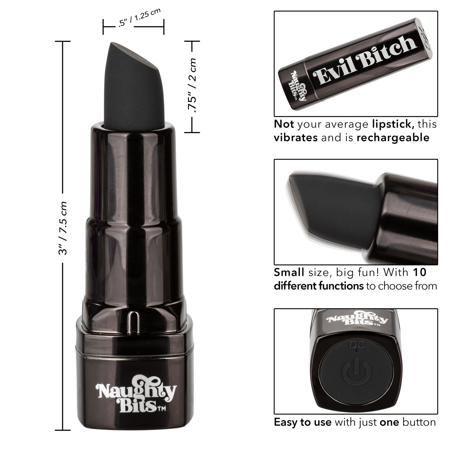 Naughty Bits Evil Bitch Lipstick Vibrator - Black - Permissive -