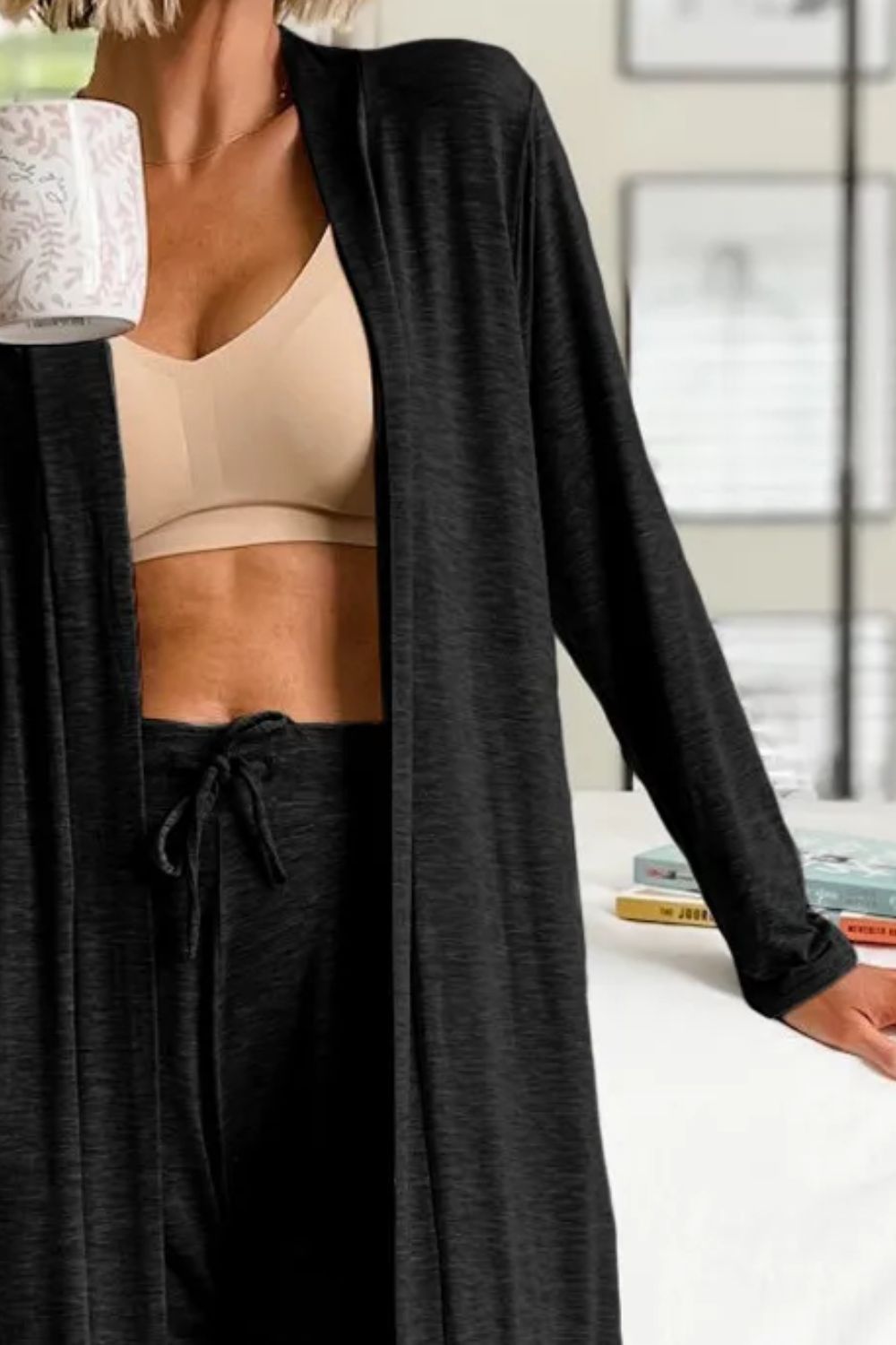 Open Front Long Sleeve Cardigan and Pants Lounge Set - Permissive -