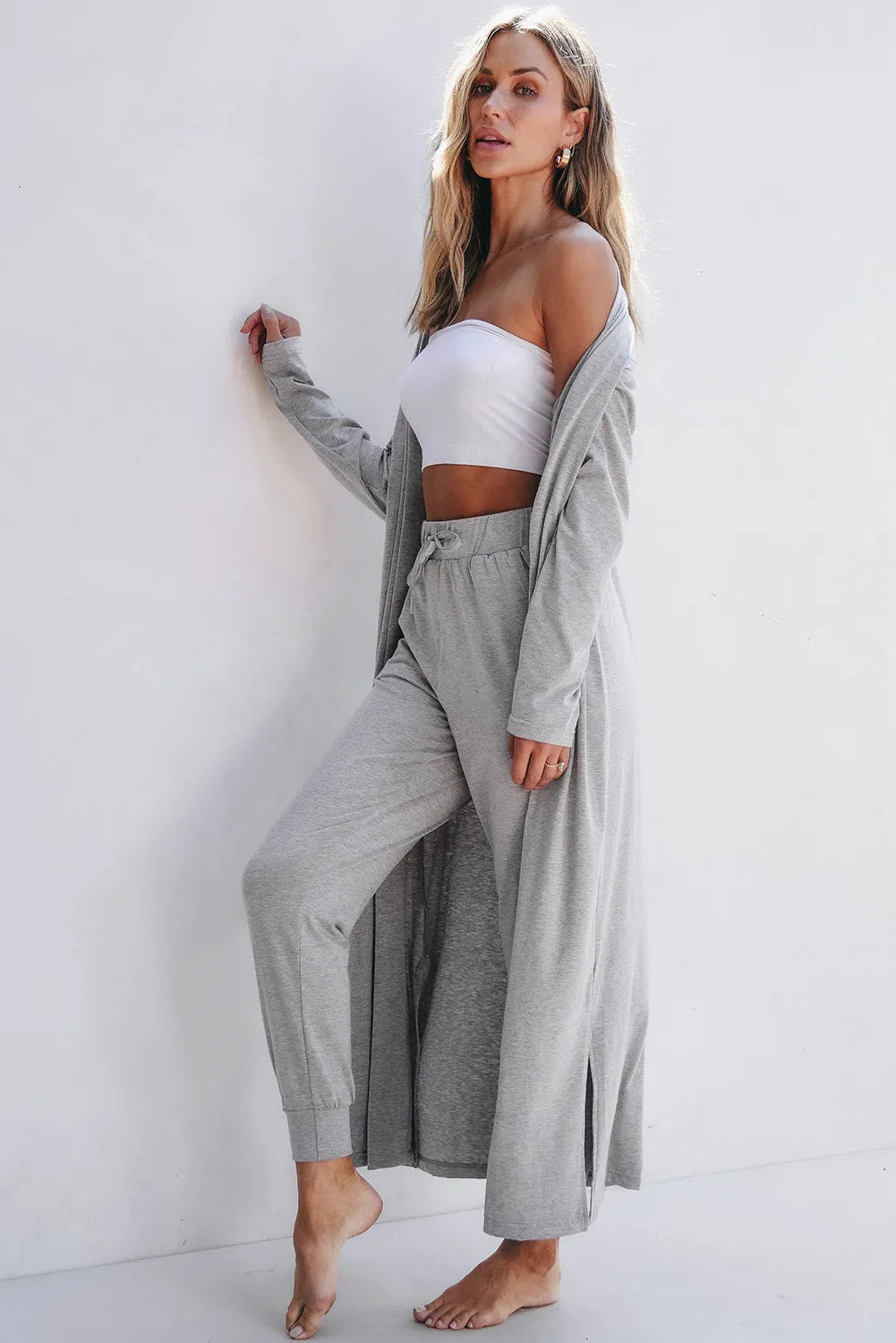 Open Front Long Sleeve Cardigan and Pants Lounge Set - Permissive -