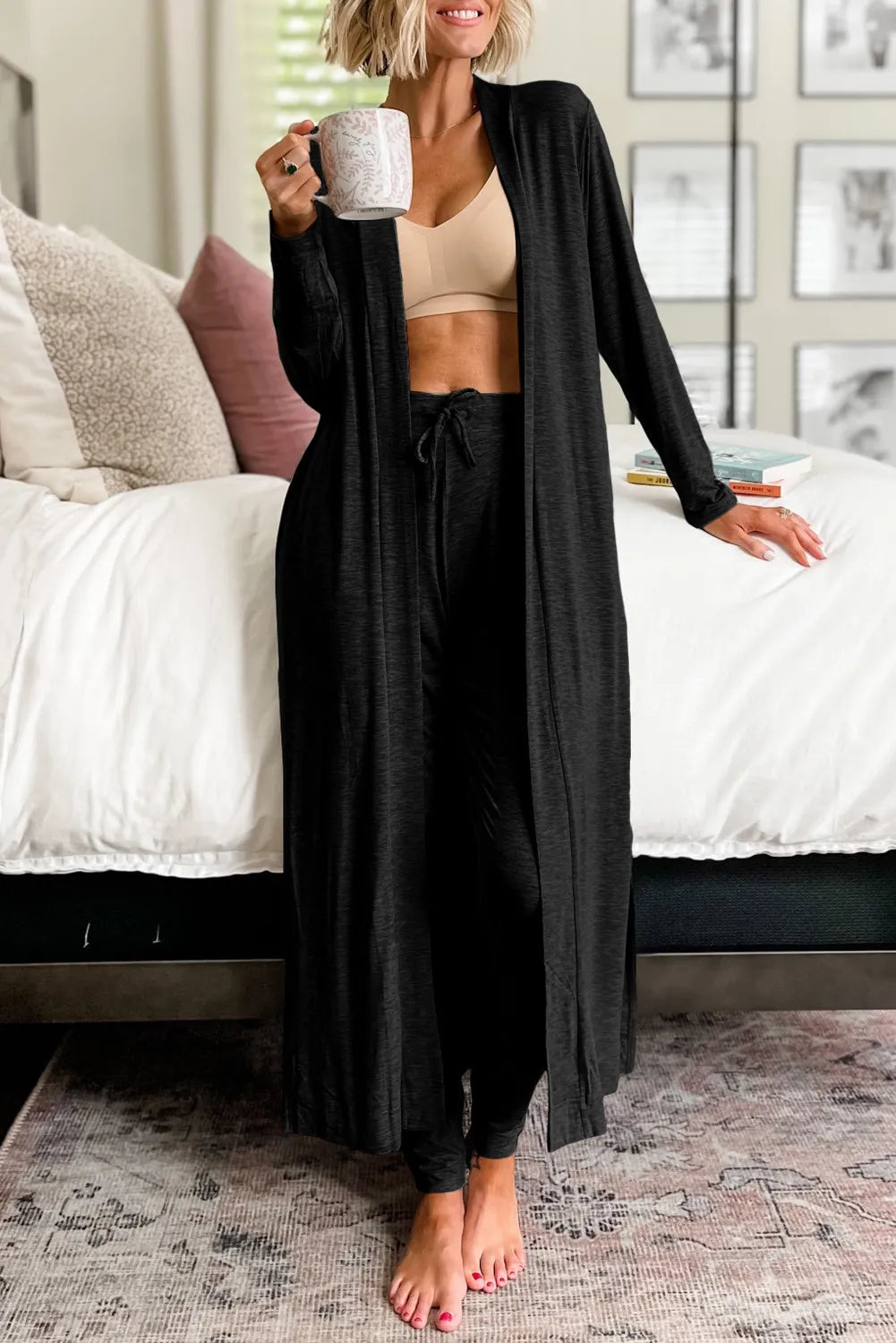 Open Front Long Sleeve Cardigan and Pants Lounge Set - Permissive -