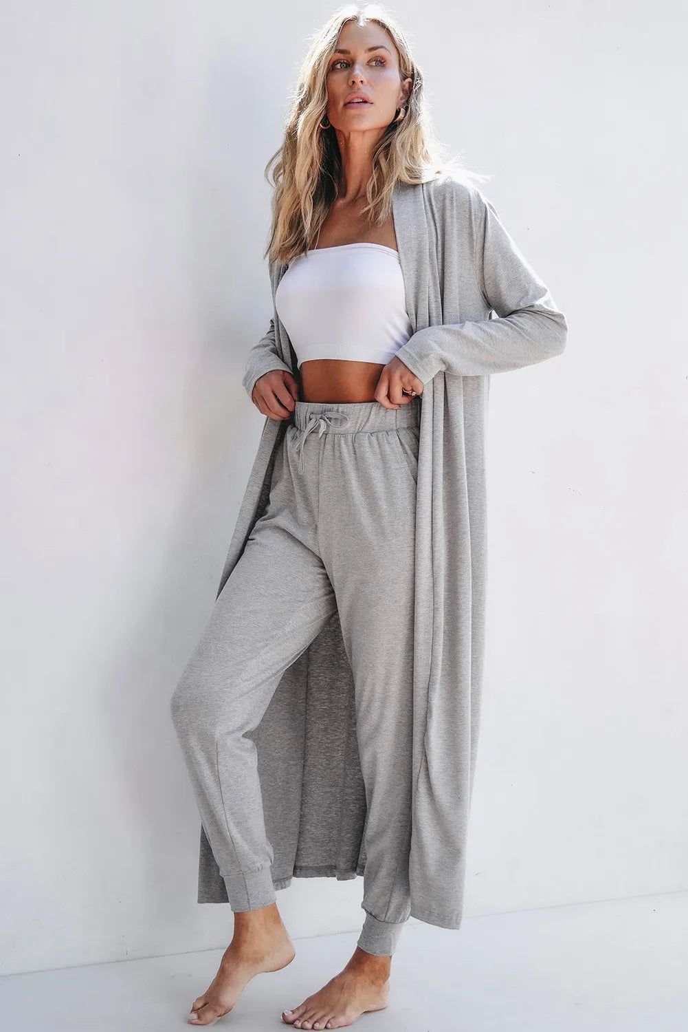 Open Front Long Sleeve Cardigan and Pants Lounge Set - Permissive -