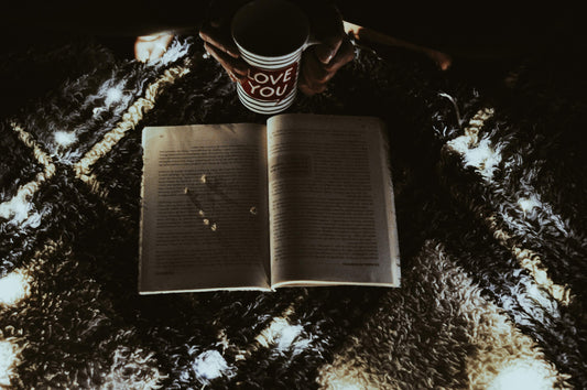 A warm, inviting fall scene — soft blankets, warm lighting, a cozy mug — with messy crumbs on book