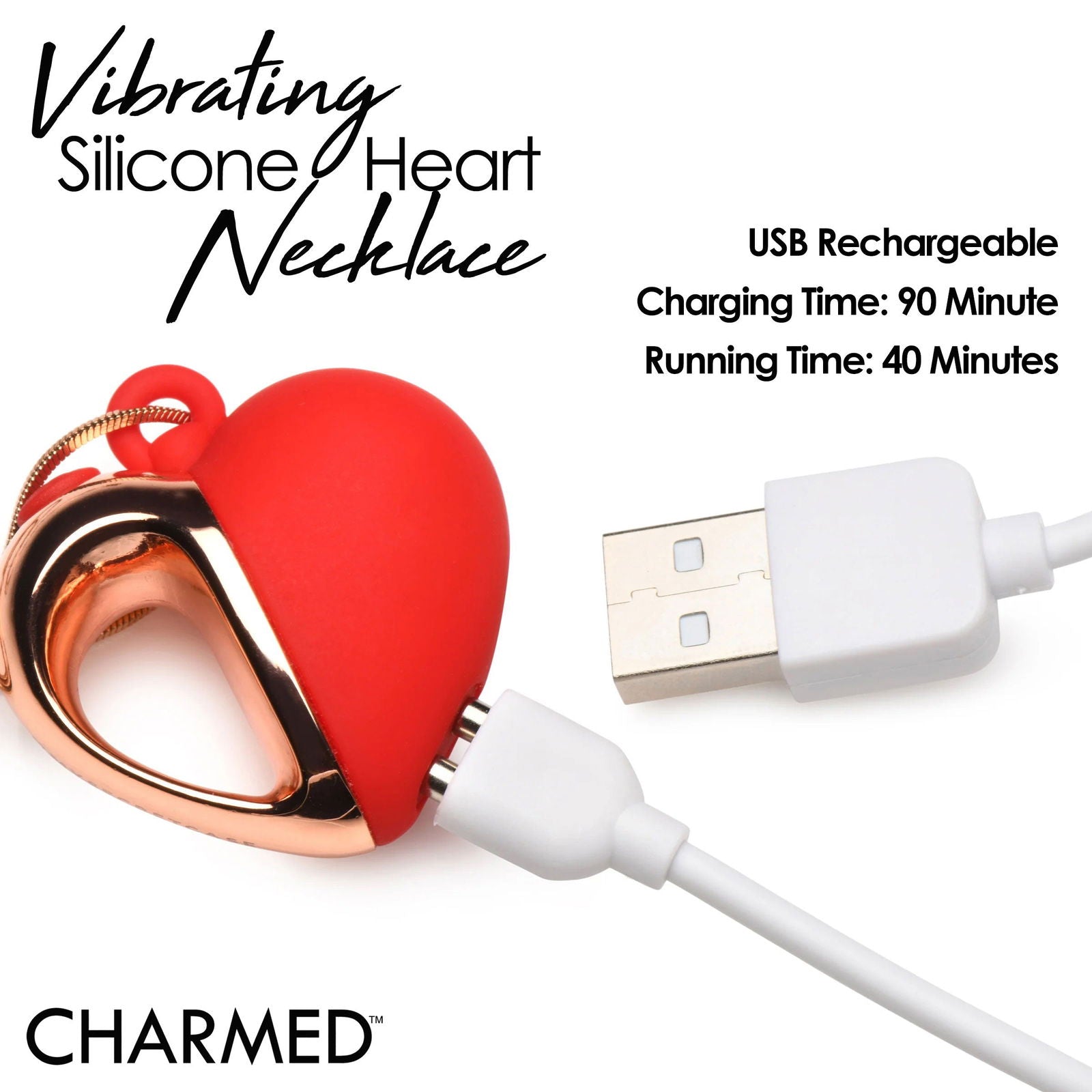 10x Vibrating Silicone Heart Necklace - Rose Gold/ Red - Permissive - 
