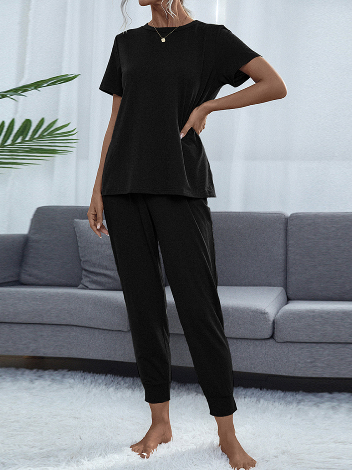 Shiny Round Neck Short Sleeve Top and Pants Set - Permissive - 