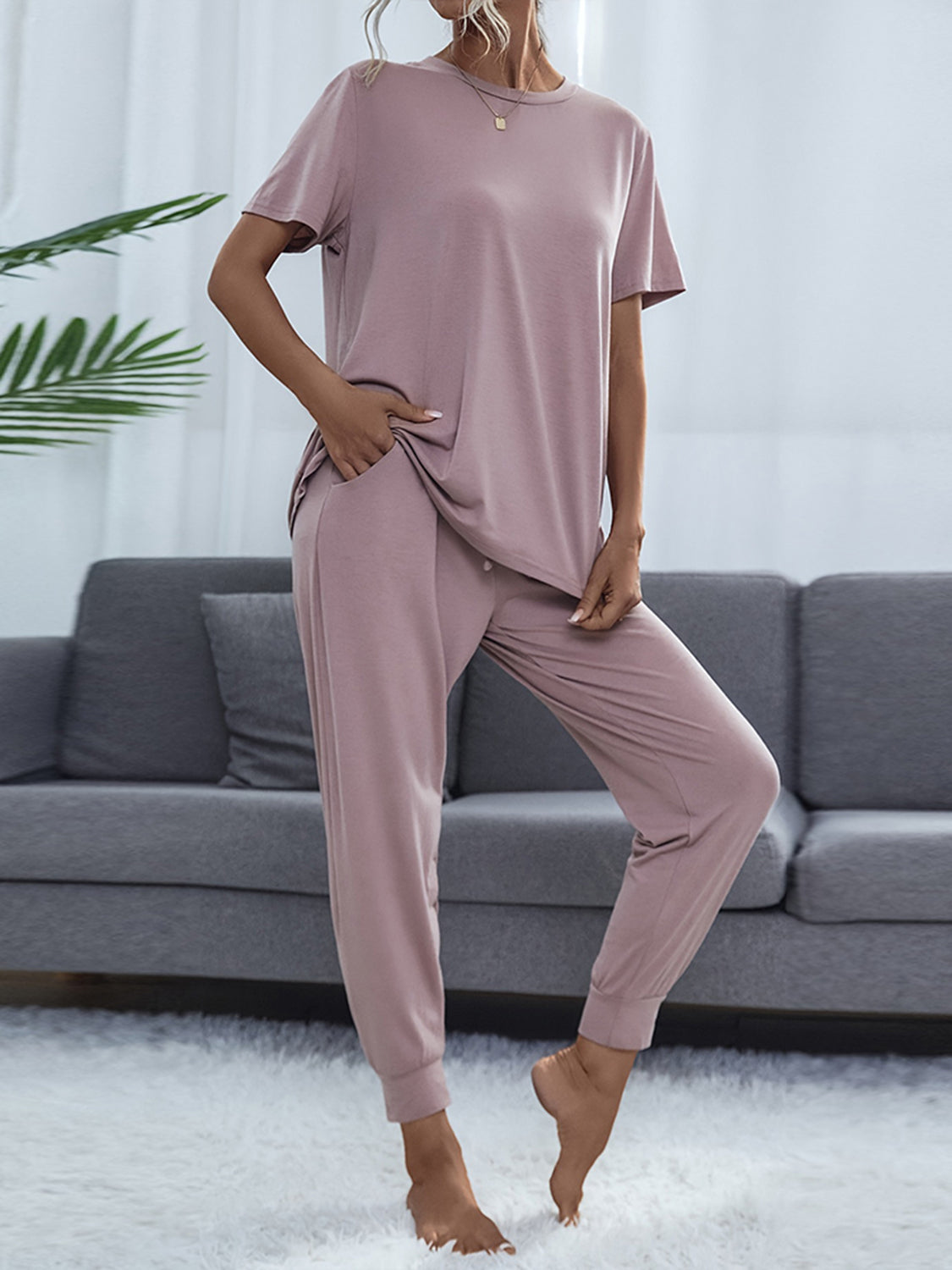 Shiny Round Neck Short Sleeve Top and Pants Set - Permissive - 