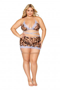 Leopard Bralette With Garter Skirt and G-String -  Queen Size - Leopard - Permissive - Lingerie & Bodywear