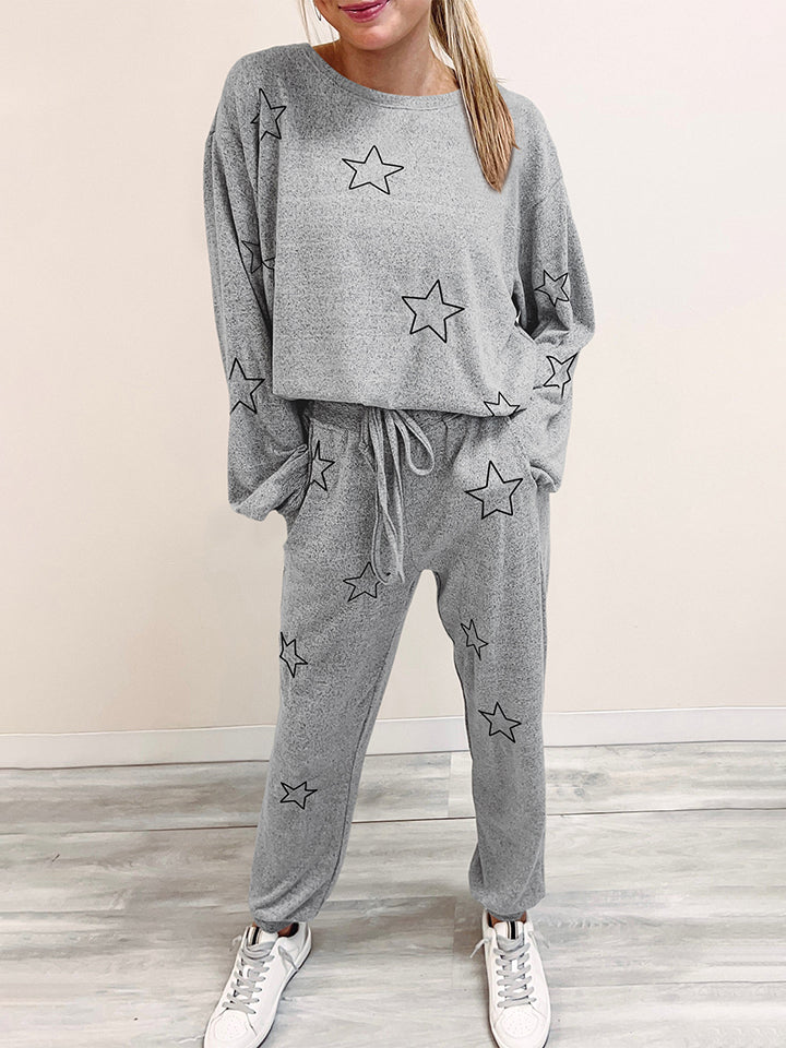 Star Print Long Sleeve Top and Pants Lounge Set - Permissive - Lingerie & Bodywear