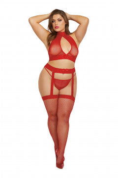 Bralette, Garterhose, and G-String - Queen Size - Rouge - Permissive - 