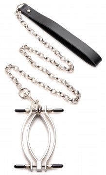 Pussy Tugger Adjustable Pussy Clamp With Leash -  Silver - Permissive - nipple