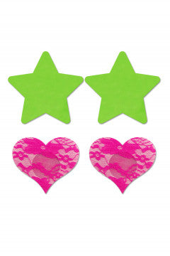 Fashion Pasties Set - Neon Green Solid Star and Neon Pink Lace Heart - Permissive - nipple