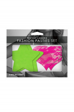 Fashion Pasties Set - Neon Green Solid Star and Neon Pink Lace Heart - Permissive - 