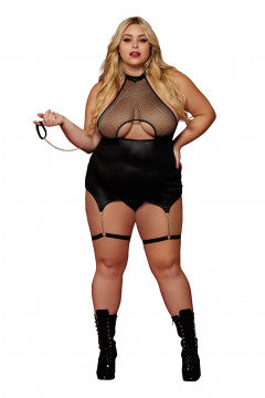 Garter Slip and Leash - Queen Size - Black - Permissive - Lingerie & Bodywear