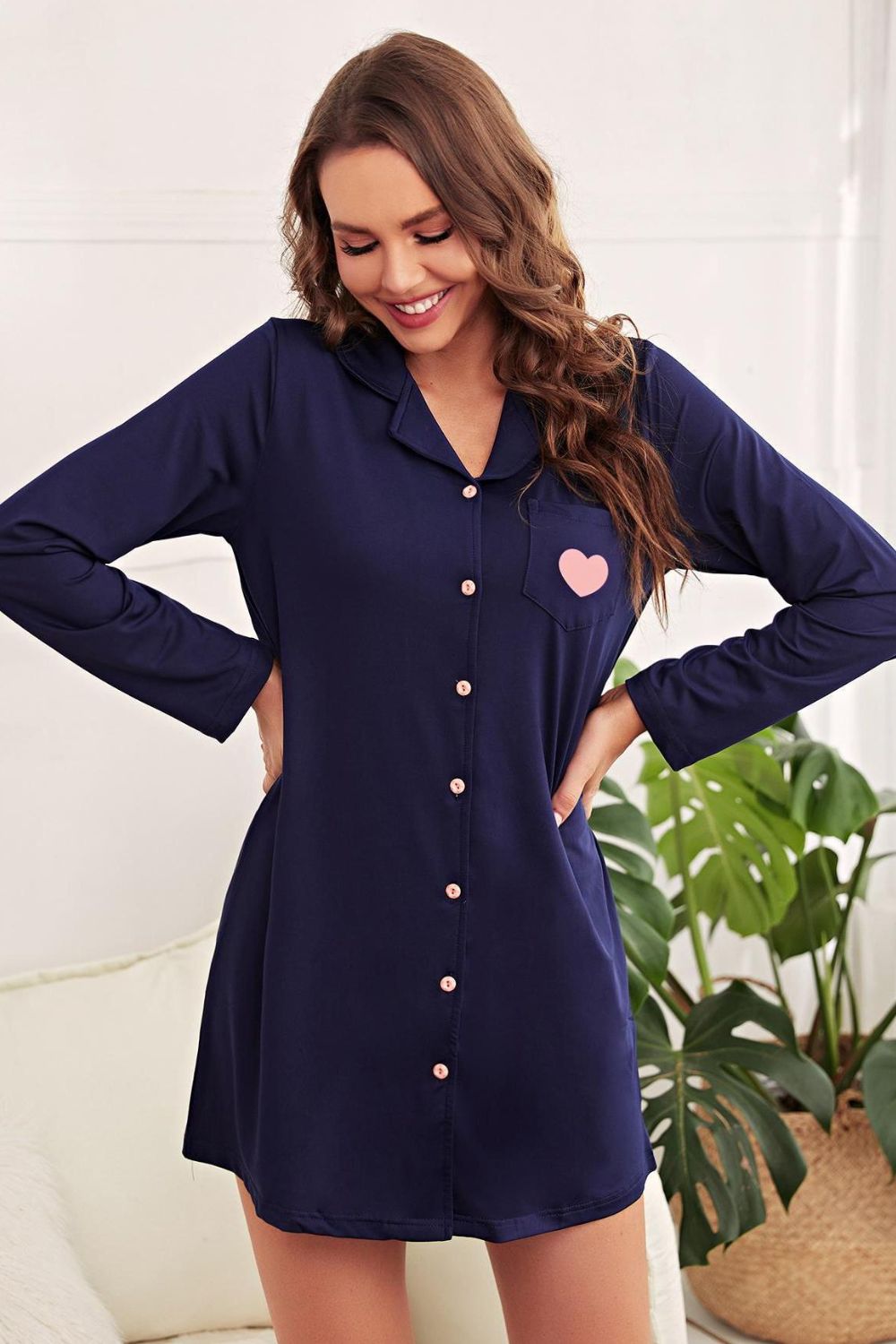 Heart Graphic Lapel Collar Night Shirt Dress - Permissive - 