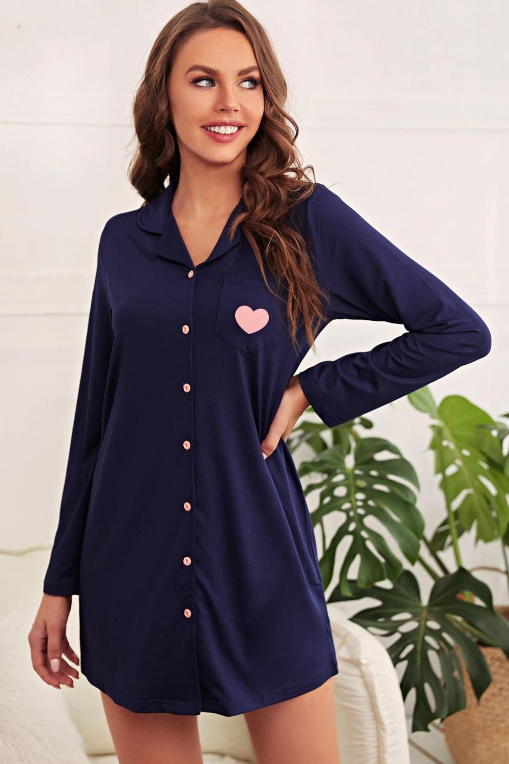 Heart Graphic Lapel Collar Night Shirt Dress - Permissive - Lingerie & Bodywear