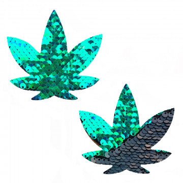 Ariel  - Green to Black Flip Sequin Gold Dope Af Weed Leaf Pasties - Permissive - nipple